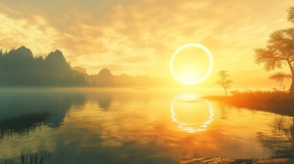 Fototapeta premium Sun circle glows over lake in nature for fantasy or nature themed design