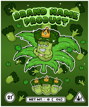 Cartoon broccoli flavor with cannabis leaf, designed for logo, label or packaging