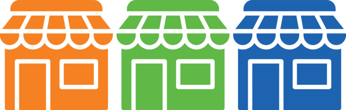 Three colorful storefronts with scalloped awnings and distinct color schemes