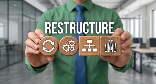 Concept of restructuring. Business person holding wooden blocks sees the text RESTRUCTURE. Business Structural Reorganization. new