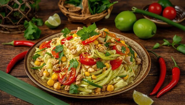 Spicy Thai papaya salad with corn, Thai cuisine.