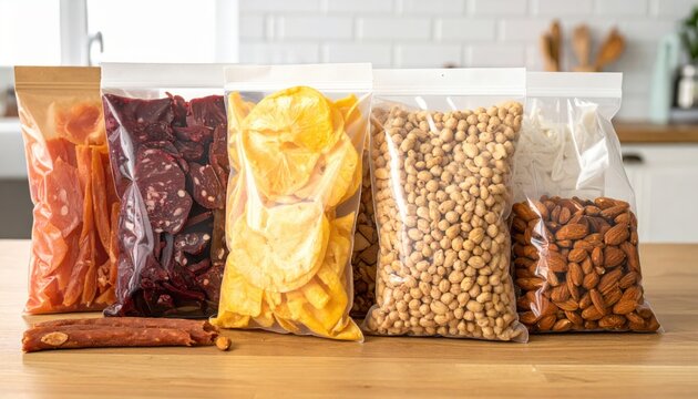 Assortment of Dried Fruits, Nuts, Jerky, and Other Non-Perishable Snacks in Resealable Bags