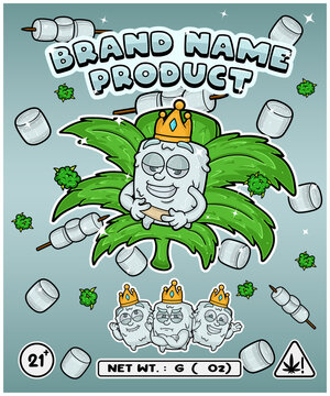 Cartoon marshmallow flavor with cannabis leaf, designed for logo, label or packaging