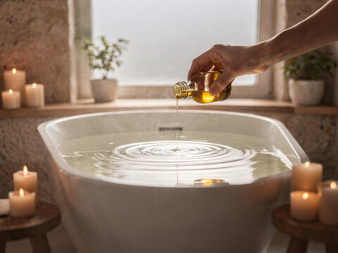 Relaxing Spa Retreat: Hand Pour Oil into Bathtub for Serene Bath Experience