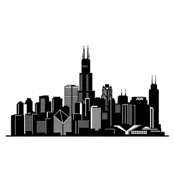 Monochrome Silhouette of Chicago Cityscape Against White Background.