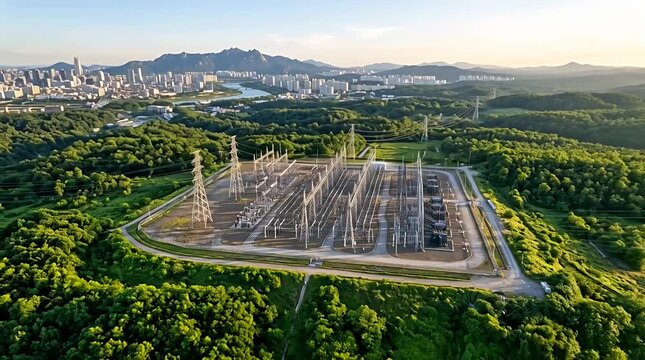 High voltage electrical substation infrastructure amidst lush green landscape, cityscape.