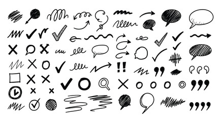Obraz premium Set of handdrawn doodle elements, arrows, speech bubbles, check marks, crosses, and scribbles