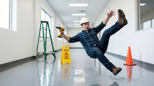 Construction worker slips and falls on a wet floor while holding a drill