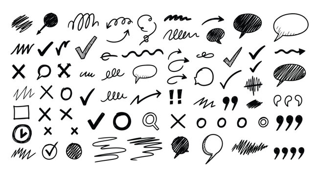 Set of handdrawn doodle elements, arrows, speech bubbles, check marks, crosses, and scribbles