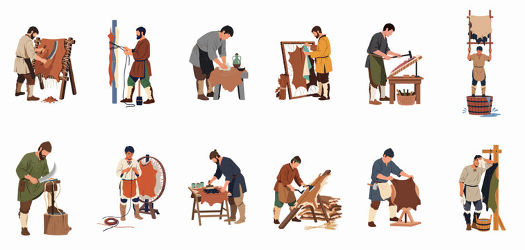 Collection of illustrations showing the historical process of leather tanning and production by medieval craftsmen.