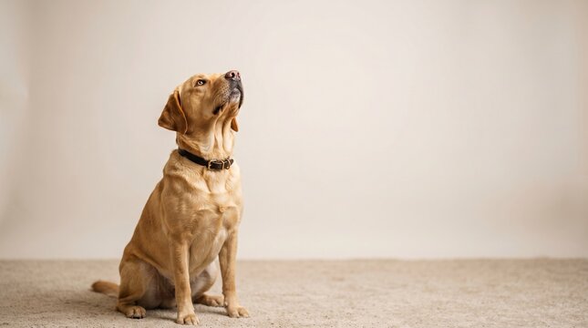 Attentive Yellow Labrador Retriever Dog Sitting Patiently Looking Up with Copy Space
