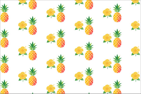 Yellow pineapple and yellow hibiscus flower as a seamless pattern on transparent background, vector.