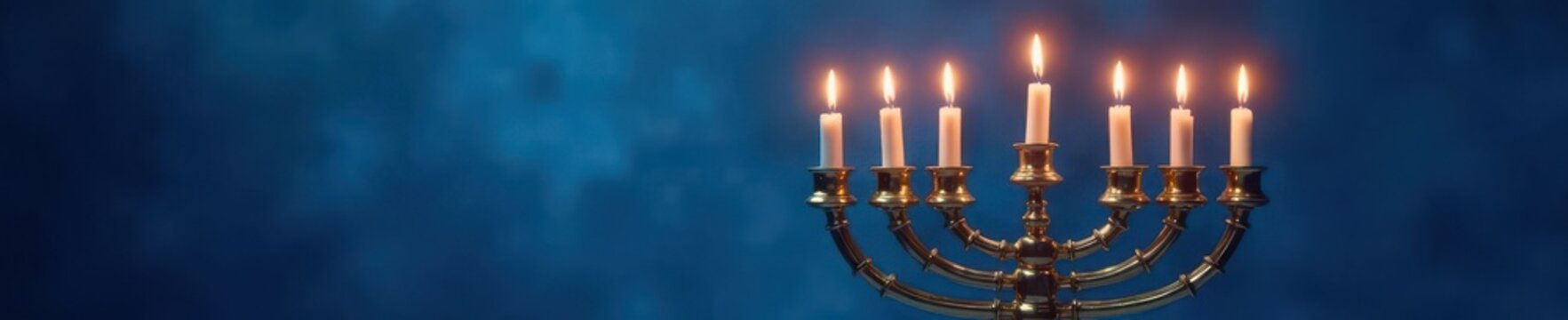 Shining golden menorah and eight burning candles against a blue backdrop , chag urim sameach, jewish