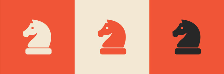 Three stylized chess knights in white, orange, and black on contrasting backgrounds. Vector © Bamby