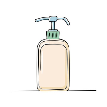 Hand drawn cartoon bottle with pump dispenser for liquid soap, lotion, or sanitizer