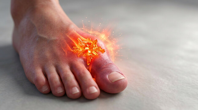Gout attack in foot, painful toe inflammation with red swelling and glowing heat on skin