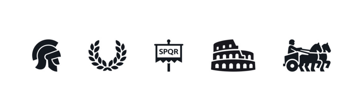 Collection of ancient Roman symbols including helmet, laurel wreath, SPQR banner, Colosseum, and chariot. Vector