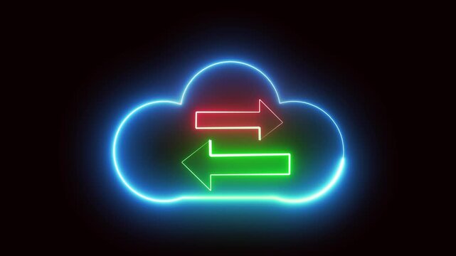 Glowing neon cloud computing motion. Futuristic network internet abstract background 4k ultra hd. Neon cloud data transfer animation. Seamless loop red green arrows digital technology.