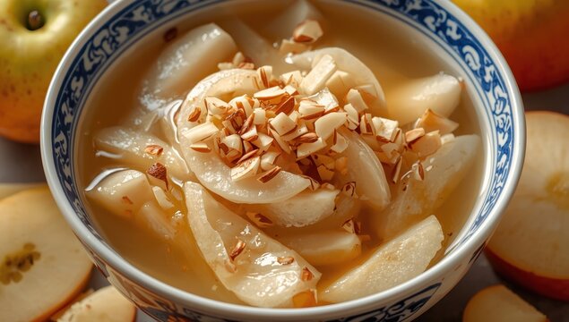 Sweet soup in Cantonese style with pear, white fungus, and almond in a Chinese bowl.