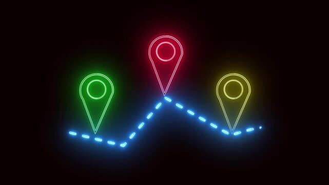 Colorful glowing GPS location pins animation. Seamless loop technology background travel journey. Neon GPS navigation route map markers. Glowing colorful location pins animated abstract background.