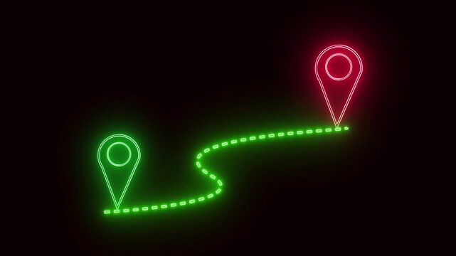 GPS map markers neon animation. Travel journey glowing pins app interface seamless loop. Neon navigation route animation loop. Abstract map markers destination pointer 4k interface design.