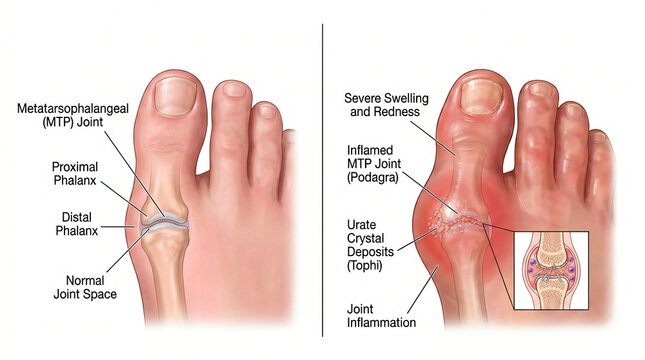 Gout attack in big toe joint with swelling and redness, medical illustration