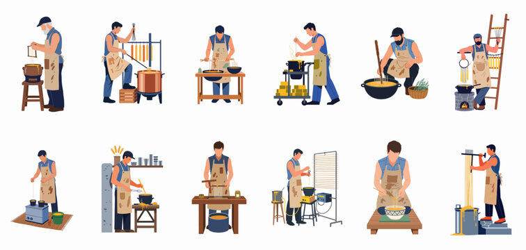 Set of flat vector illustrations featuring craftsmen performing various stages of traditional handmade candle making using wax dipping techniques.