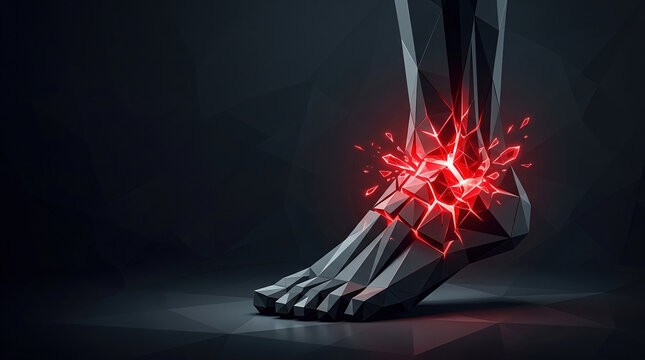 Gout attack in ankle joint with red pain glow on dark foot, medical injury concept