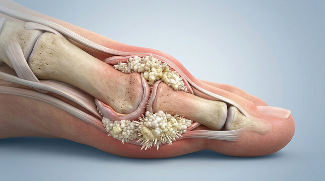 Gout attack in foot joint with uric acid crystal deposit and painful inflammation
