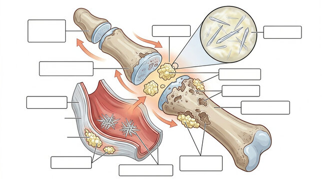 Gout attack in joint and bone with crystal deposit, medical illustration of inflammation and erosion