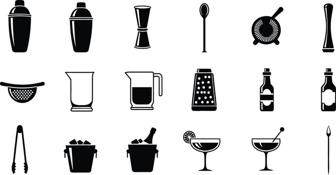 Collection of professional bartender tools and cocktail equipment icons in black and white style
