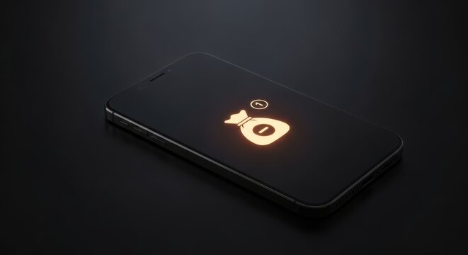 Glowing money bag icon on smartphone screen. Concept of digital recurring payment and hidden subscription alert. Financial mobile application notification for expensive monthly cost.