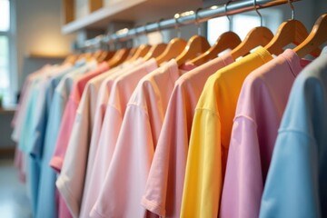 Fototapeta premium Pastel clothes on a bright clothing rack, retail display , cute, apparel, neat