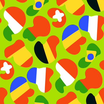 Flags of nations speaking Romance languages: French (France, Belgium), Italian (Italy, Switzerland), Romanian (Romania, Moldova), Portuguese (Portugal, Brazil), Spanish (Spain); seamless pattern