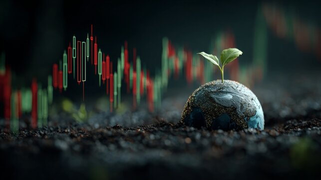 Planetary blossoming: nature's triumph over adversity. Market volatility. Celebrating earth and ecology: seeds sprouting on a global canvas. Price prediction. Market indicators.