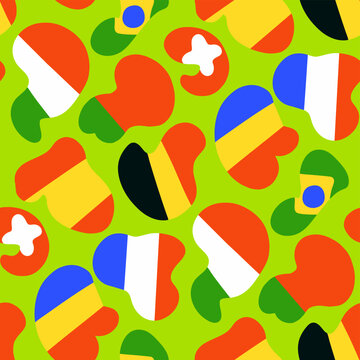 Flags of nations speaking Romance languages: French (France, Belgium), Italian (Italy, Switzerland), Romanian (Romania, Moldova), Portuguese (Portugal, Brazil), Spanish (Spain); seamless pattern