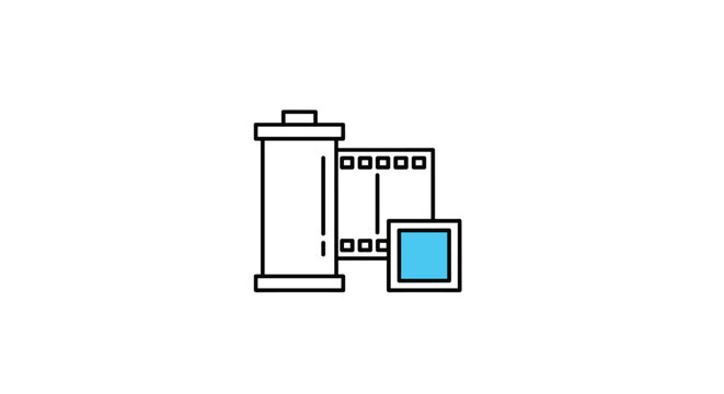 Simple line art drawing of a classic thirty-five millimeter film canister next to a photographic film strip with a bright blue frame.