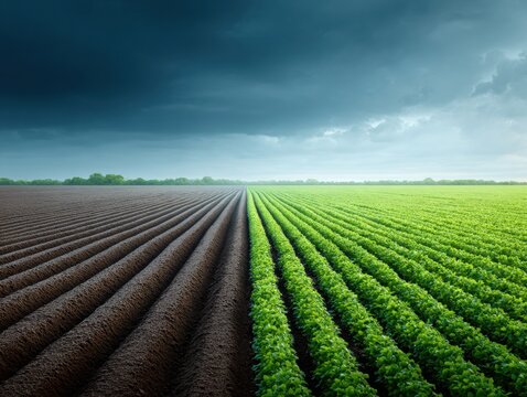 Split agricultural field with plowed soil and green crop rows under dramatic storm clouds