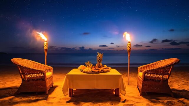 Tropical fruit and tiki torches on a beach at dusk setting
