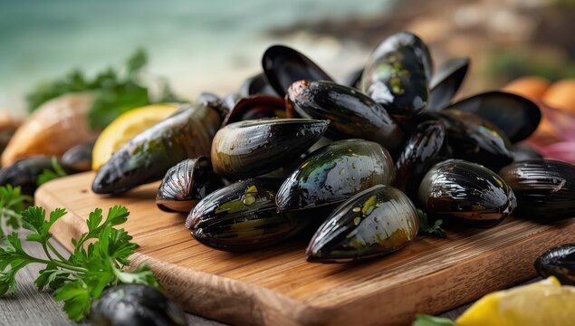 Uncooked fresh green wild mussels for culinary use.