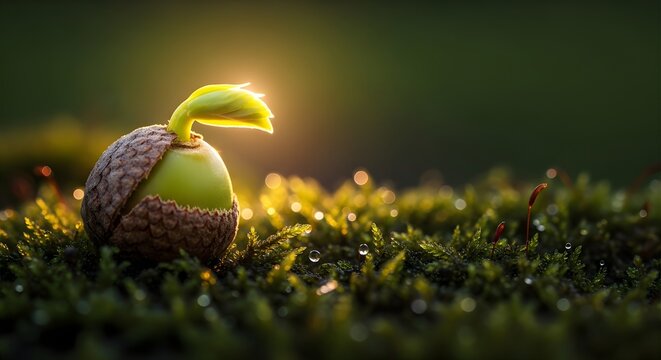 Sprouting acorn on green moss at sunrise, new life and growth concept, oak seed germinating in forest floor, cinematic macro photography
