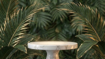 Fototapeta premium Luxury marble podium nestled among lush green tropical foliage, perfect for product display