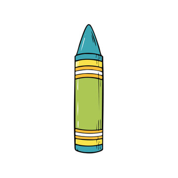 Illustration of a single green crayon with yellow and blue stripes, artist tool