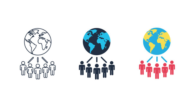 Global community icons set showing a group of diverse people standing together under a world globe in various styles.