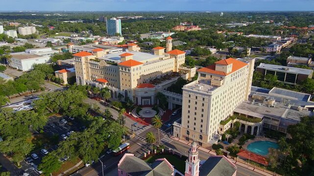 Church of Scientology Flag Service Organization, Clearwater, Florida in aerial view during golden hour sunlight