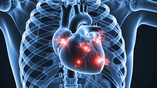 3D X-ray of human heart with red inflammation area. Cardiology concept.