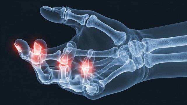3D X-ray of human hand joints with red arthritis. Orthopedics concept.