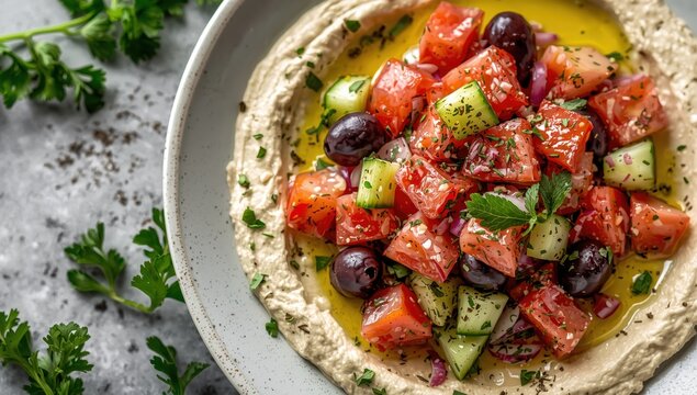Vegan summer recipe featuring a fresh Greek dakos salad on hummus.