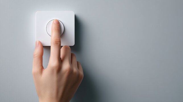 Woman finger turning off light switch on gray wall. Concept of energy saving and electricity bill reduction. Economy in household, sustainability, home utility management and power control.