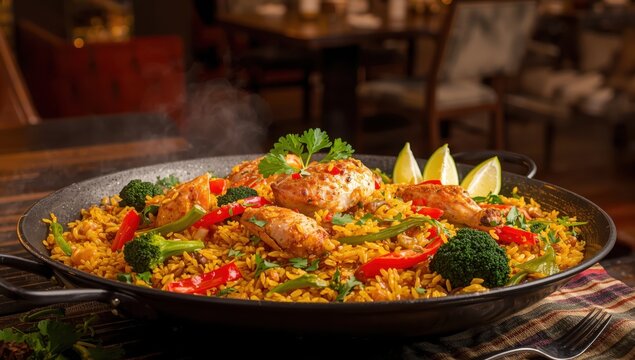 Vegetable Chicken Paella. Rice blend with meat, onion, broccoli, and pepper.